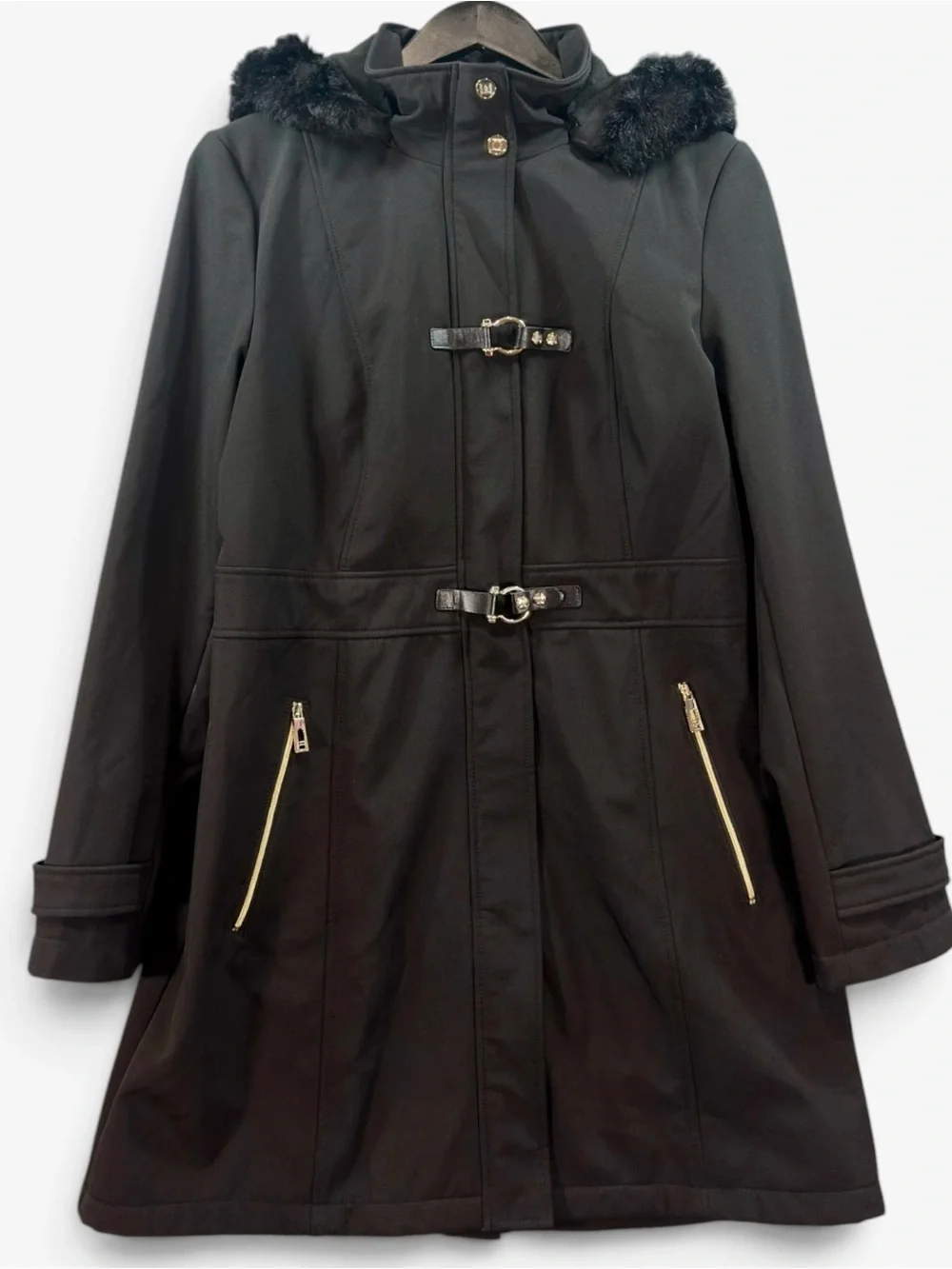 Ivanka Trump Black Trench Coat with Faux Fur Trim and Gold Accents